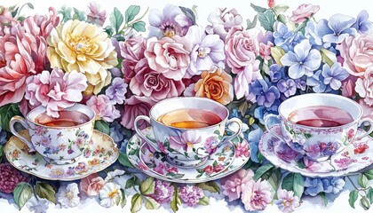 Detailed watercolor illustrations traditional teacups filled with blooming flowers.