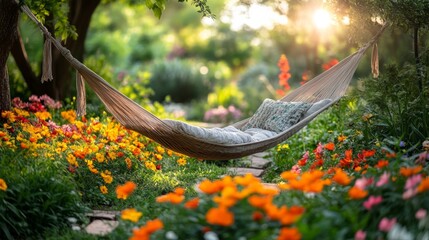 "Tranquil Oasis of Bliss: Hammock Haven in Lush Verdant Garden with Relaxing Vibes"