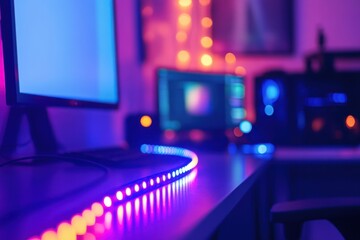 A gaming setup with a glowing RGB keyboard and monitor in a colorful, moody room.