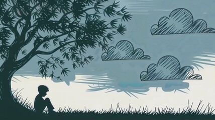 Boy Silhouette Under Tree with Clouds, Reflective Boy Sitting Under Tree,Creative Illustration of Childhood Emotions