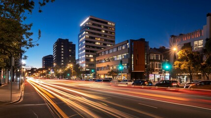 Fototapeta premium City street night traffic light trails, modern buildings