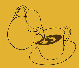 Print,  coffee, milk, jug, cream, cappuccino, americano, mug, saucer, hand drawing, pour, saucer, vector, illustration, drawing, poster, banner.eps