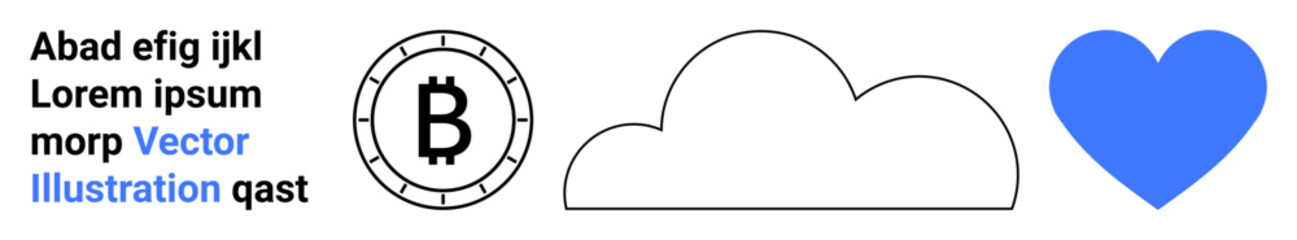 Stylized text elements, a Bitcoin symbol, an outlined cloud, and a blue heart icon. Ideal for financial services, cloud computing, love messages, digital assets, technology, vector art, minimalism