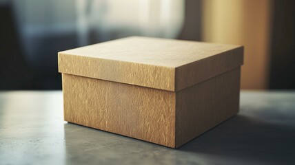 A photorealistic image of a square cardboard box with a textured finish and natural color
