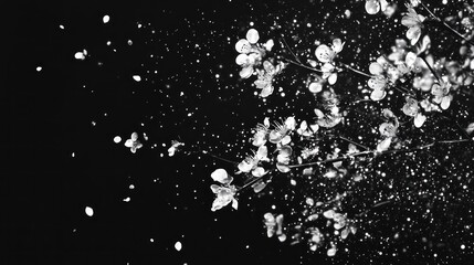Black background, floral branch, petals falling, springtime, design element