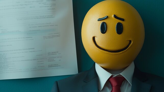A man in a suit with a smiling emoji mask, exuding a quirky and cheerful vibe in a modern office environment.