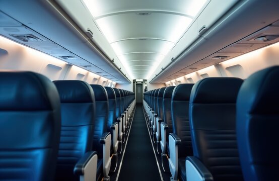 Empty airplane cabin with comfortable seats. Spacious interior design highlights modern air travel comfort. Modern plane interior with blue seats, white trim. Aisle in center of aircraft. Suitable