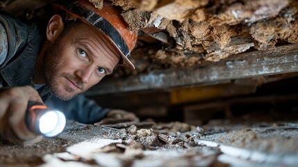 Inspector crawls under house, flashlight illuminates damaged wood; home inspection