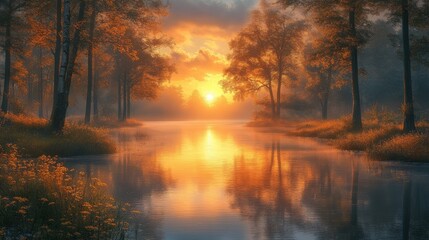 "Tranquil Morning Bliss: Serene Sunrise Painting Peaceful Atmosphere Along Riverbank"