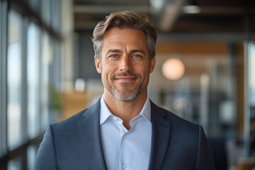 Fototapeta premium Confident middle aged business man executive in modern office smiling in professional attire