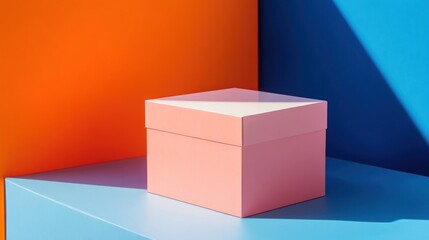 Pink gift box on blue platform, vibrant backdrop, product display