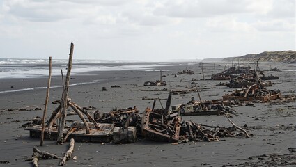 Post apocalyptic beach scene with abandoned military remnants and polluted sand