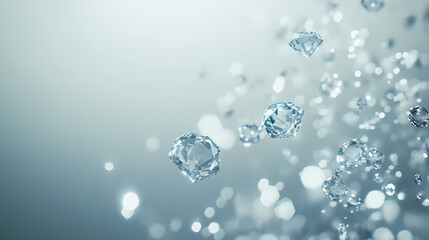 Sparkling diamonds float in mid-air against a soft, grey background. Diamond Falls. Illustration