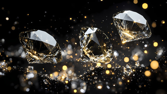Three diamonds fall in black space, gold and silver glint in front, black background shines with white and gold accents. Diamond Falls. Illustration