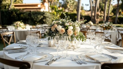 Elegant garden wedding reception table setting, sunny outdoor