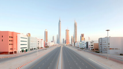 Obraz premium Empty highway leading to modern cityscape at sunrise.