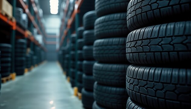 Stacked tires in industrial warehouse. Rows of tires neatly stacked. Warehouse storage of rubber tires. Close up view of stacked tires. Commercial storage facility for automotive parts. Organized