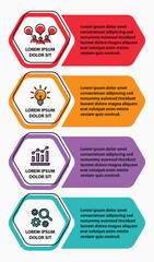 4 steps infographic template with 4 options. Flowchart that can be used for business report, data visualization and presentation. Timeline infographic elements vector illustration.