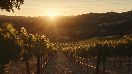 Obraz premium Vineyard sunset landscape, hills, golden hour, rows, agriculture, winemaking