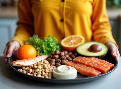 Woman holds plate with various healthy foods for elimination diet concept. Plate contains fish salmon, fruits, vegetables, seeds. Foods avoiding allergens like fish seafood dairy peanuts tree nuts
