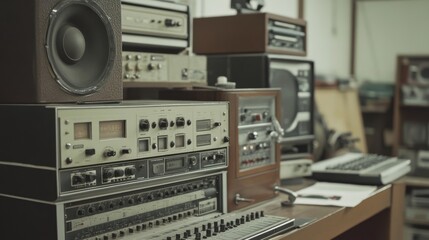Obraz premium Vintage audio equipment and synthesizer on a table in a studio.