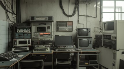 Vintage computer room with old electronics and monitors.