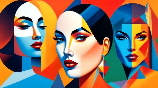 Bright visual art style effect. People mental health Woman hair beauty. Female model eye shape design. Youth mood world, human self power Vivid lips make-up Lady face color sketch. Group girl lot head