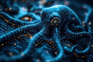 Obraz premium digital landscape of a computer virus depicted with sinister tentacles invading a matrix of cold blue code evoking a sense of technological danger and ominous expansion