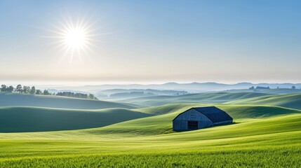 Sunrise over Rolling Hills and Barn