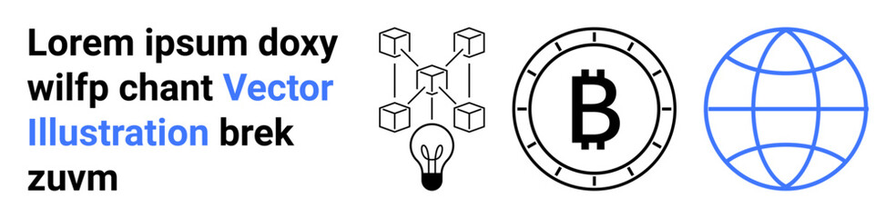 Obraz premium Light bulb, blockchain model, Bitcoin coin, and global network symbol. Ideal for technology, innovation, cryptocurrency, digital currency, decentralized systems, globalization, fintech. Landing page