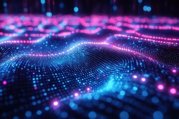 digital neural network visualization flowing data streams in neon blue and purple abstract 3d grid perspective