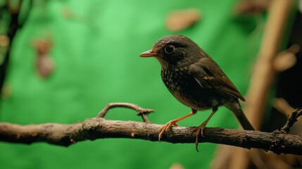 A small dark brown bird with orange legs perched on a branch with a green background