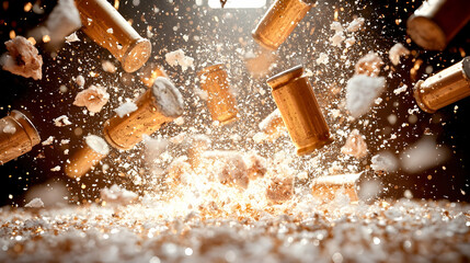 Exploding shotgun shells with debris in midair.