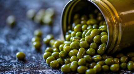 Close-up of canned green beans spilling from a tin can, emphasizing glossy textures and reflections, a blend of rustic and industrial aesthetics