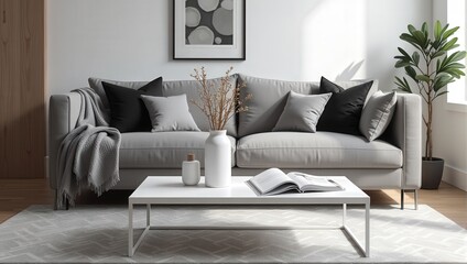 A chic eye-level scene featuring a pristine white coffee table atop a stylish gray and white patterned rug, positioned before a serene gray couch adorned with a soft gray blanket gracefully draped on 