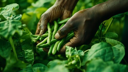Cinematic capture of a farmer picking green beans, emphasizing the interaction of hands with nature, soft golden hour lighting, vivid natural colors