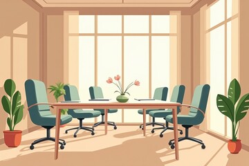 Fototapeta premium Bright and Modern Conference Room Design with Green Chairs, Large Windows, and Potted Plants Ideal for Business Meetings and Collaborations