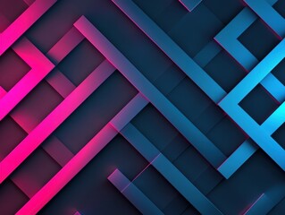 Obraz premium Abstract geometric composition with interlocking neon blue and pink shapes on a dark background.
