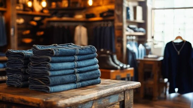 A stack of folded jeans on a rustic wooden table in a clothing store.