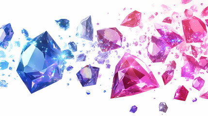 Fototapeta premium Beautiful shiny diamonds in air on white background. Diamond Falls. Illustration