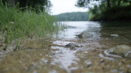 Fototapeta premium Calm lake shore, shallow water, stones, grass. Peaceful nature scene for travel brochures