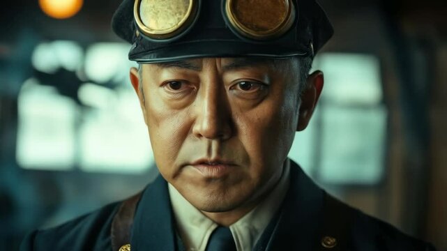 Thoughtful train conductor in vintage uniform with goggles in motion