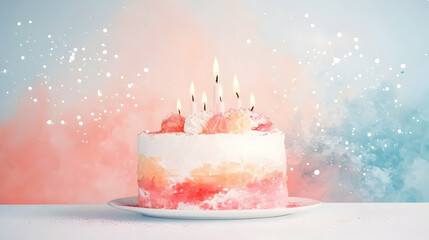 Festive birthday cake with lit candles on a pastel background.