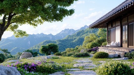 Mountaintop Asian house serene view, peaceful garden, sunrise. Relaxation, travel brochure