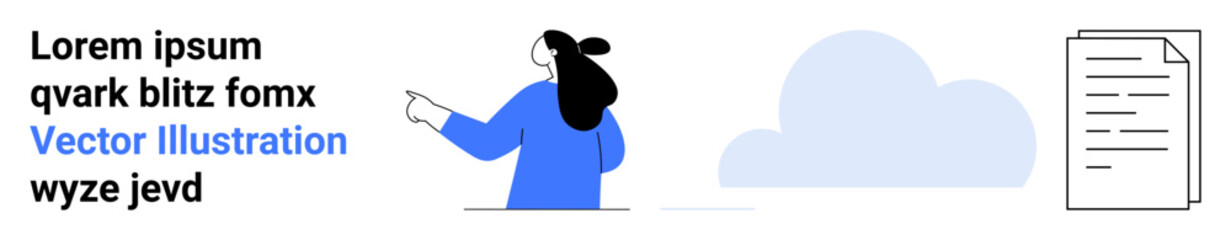 Woman in blue sweater pointing at text, a cloud, and a document sheet with lines of text. Ideal for business communication, documentation, cloud storage, information sharing, educational materials