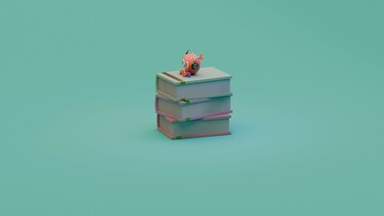 3D heart-shaped character on books with headphones.