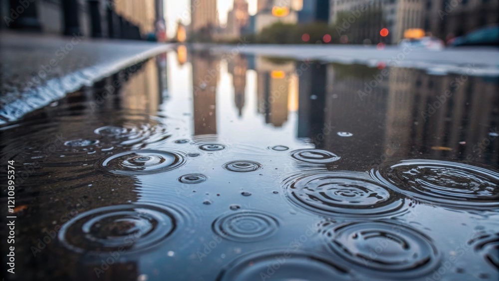 Aufkleber A closeup focusing on the intricate details of raindrops on the surface of a puddle capturing the way they distort the reflections above turning the cityscape into a dreamy surreal