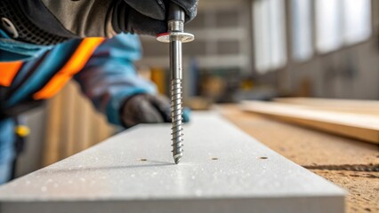 A closeup capturing the detail of a screw being driven into the drywall the shiny metal contrasting sharply with the dull surface of the board and the workers gloved hand