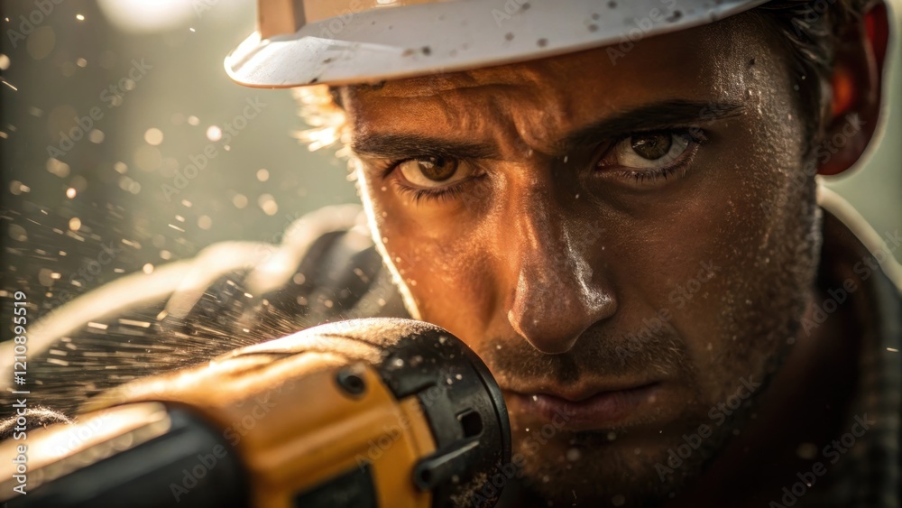 Poster A closeup image capturing the intricate details of a workers face focused and determined as they use a power tool to repair damaged infrastructure with dust particles illuminated