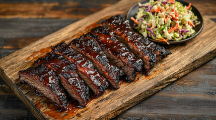Slow-smoked brisket glazed with glossy BBQ sauce, elegantly plated with a vibrant coleslaw on a rustic wooden board, exuding a deliciously inviting feel. 